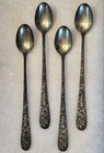 4 Stieff Rose Flower Sterling Silver 7 5  Iced Tea Spoons Repousse No Monogram