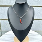 Vintage Cornicello Horn Necklace Red Resin Faux Coral Silver Tone Corno Luck 70s