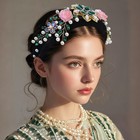 Jeweled Headband For Women  Emerald Green Crystal Flower And 3d Pink Rose Padded