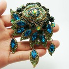 Vintage Style Rose Flower Pendant Brooch Pin Green Cyan Rhinestone Crystal 