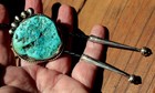 Big Hefty Old Navajo Handmade Sterling Silver   Turquoise Stone Nugget Bolo Tie
