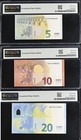 Euro Set 3  5 10 20 Euro 2013 -2015 P 27 28 29 Superb Gem Unc Pmg 67 Epq