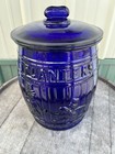 Vtg Rare Planters 13   running Mr  Peanut cobalt Blue Glass Barrel Jar printed Lid