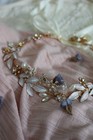 Gold   White Floral Leaf Bridal Headband W  Pearl Crystal Accents Ribbon Ties