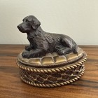 Vintage Dog Oval Trinket Box Four Leaf Clover Liner  Dog Sitting On Dog Bed Box