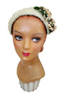 1950s Beige Textured Cocktail Hat With Fabric Flower Trim