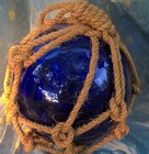 Vtg Japanese Glass Fishing Float Hand Blown Buoy Ball 10    Cobalt Blue W  Rope