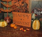 Primitive Antique Vtg Style Halloween Happy Harvest Star Carved Wood Block Sign