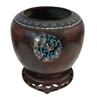 Vtg Japanese Bronze Champlev   Jardini  re Crane Turtle Enamel Cachepot 9 75 