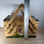 Vtg Mexican Accordion Wood Fold Out Sewing Box Basket Hand Painted Trinkets Folk