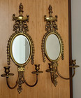 Vintage French Bronze Wall Sconces W oval Mirror 24   Set Of  2 