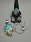 Southwest Style Pueblo Inlay Turquoise Opal   Sterling Silver Jewelry Set