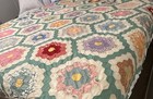 Vintage Grandmother s Flower Garden Quilt Top Hand Pieced   Stitch Green Sashing