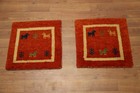 Pair Of Two Orange Wool Rugs 1x1 Square Hand-knotted Tribal Accent Carpet