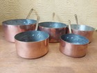 Set Of 5 Vintage French Stamped Copper Pans With Riveted Brass Handles