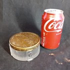 Vintage Art Deco Footed Glass Powder Box Dresser Jar Floral Embossed Brass Lid
