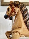 Antique Hand Carved Solid Wood Rocking Horse Pull Toy Iron Wheels 24  W Wooden