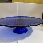 Vintage 1930s- 1940   s Cobalt Blue Laurel Leaf Round Glass Cake Stand  12in