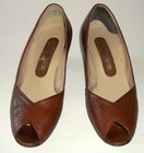 Vintage Brown Leather Peep Toe Stacked Heel Red Cross Shoes Size 5