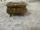 Vintage Ormolu Brass Filigree Beveled Glass Jewelry Casket Box Japan Red Velvet