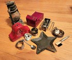 Vintage Antique Metalware Lot 1930s Coin Bank Railroad Lantern Trinket Tray Misc