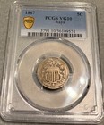 1867 Shield Nickel  rays   Pcgs Vg 10  Sharp Original W  Fat Obv Die Cud   12 00
