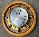 Vtg Bell Wall Clock Co  Brass Ships Wheel Clock Quartz Oak Frame Mcm Working