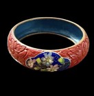 Antique Chinese Cinnabar Lacquer Bangle Cloisonn   Floral Inlay Sterling Brass