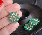 4 Czech Glass Flower Bead - 18mm Large Flower Bead - Dark Aqua Gold Luster