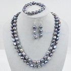 2 Rows Real Natural Black Freshwater Baroque Pearl Necklace Bracelet Earring Set