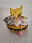 Porcelain Hinged Box 3 Cats In Basket And Pink Yarn Figurine   Free Misc Kitties