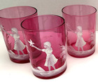 Three  3  Antique Mary Gregory Cranberry Glass Tumblers Girl With Bird  4  Tall