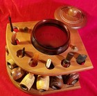 Wood 7 Smoking Pipe Holder Amber Duraglass Glass Jar Desk Humidor Stand Vtg