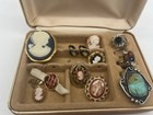 Vtg Orange Felt Travel Jewelry Box W contents Vtg Cameos 1 Sterling   3 Rings