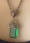 Vintage Necklace Lavalier  Art Nouveau Brass Pendant Antique Green Czech Glass