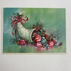 Vintage Mid Century Christmas Greeting Card Glitter Cornucopia Full Of Ornaments