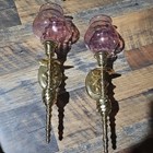 Vtg Candle Holder Wall Sconce Set Of 2 Gold And Celeste Pink Votive Globes Heavy