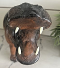 Large Vtg Leather Wrapped Brown Hippopotamus Statue Figurine Glass Eyes 13 x 10 