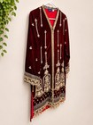 Sadabahar Women s Maroon Velvet Embroidered Pakistani Kurta Size L Gold Formal
