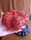 Vintage Chinese Carved Red Cinnabar Lacquerware Pumpkin Jewelry Box Wooden Stand