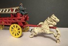 Vintage Cast Iron Horse Drawn Fire Wagon Toy Hook ladder Carriage 2 Firemen