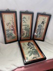 Vintage Framed Asian Art Beautiful Details Black Lacquer Frame Silk Lined Set 4