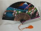 Vintage Japanese Silk Hand Fan Mount Fuji Multicolor On Black W  Abalone Inlay