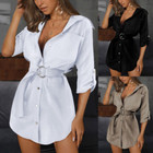 Womens Button V Neck Mini Shirt Dress Long Tops Ol Ladies Casual Loose T-shirt