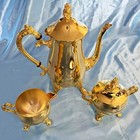 Beautiful   Lustrous Gold Coffeepot  Creamer And Sugar Bowl With Serving Tray