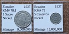 2 Nice Old Ecuador 1 Sucre   5 Centavos Coins 1937   1937 Vintage World Foreign