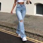 Womens Ripped Denim Jeans Slight Flared Pants Bottoms Trousers Distressed