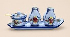 Vintage Portugal Ceramic Cruet Set Tray Salt Pepper Creamer Spoon Floral Blue