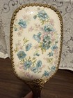 Vintage Floral Handheld Vanity Mirror Ornate Gold Tone Metal Handle Blue Pink