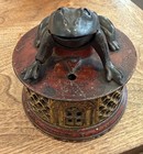 19thc Antique J e Stevens Painted Cast Iron Mechanical Frog Bank 1872 Red Yellow